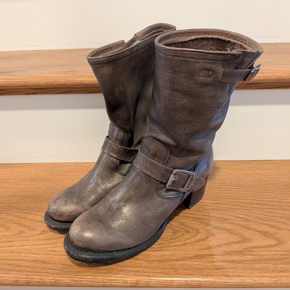 Frye Dark Brown Leather Mid-Calf Buckled Moto Boots